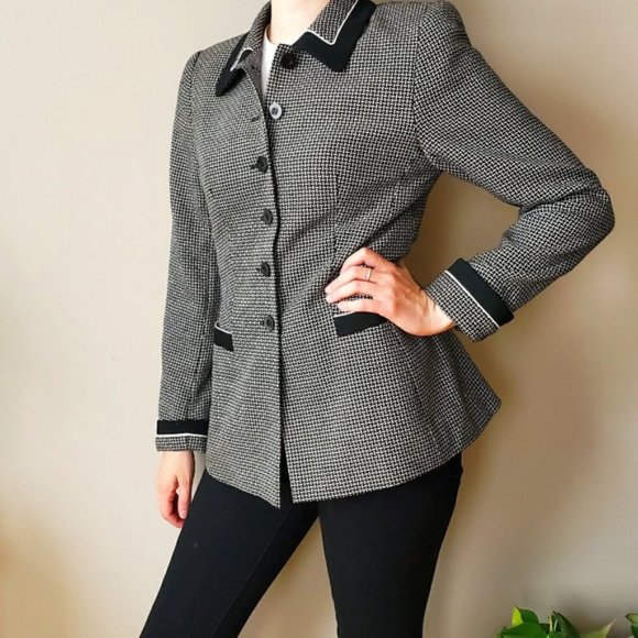 Vintage Escada black and white plaid wool silk patterned blazer - Picture 1 of 13